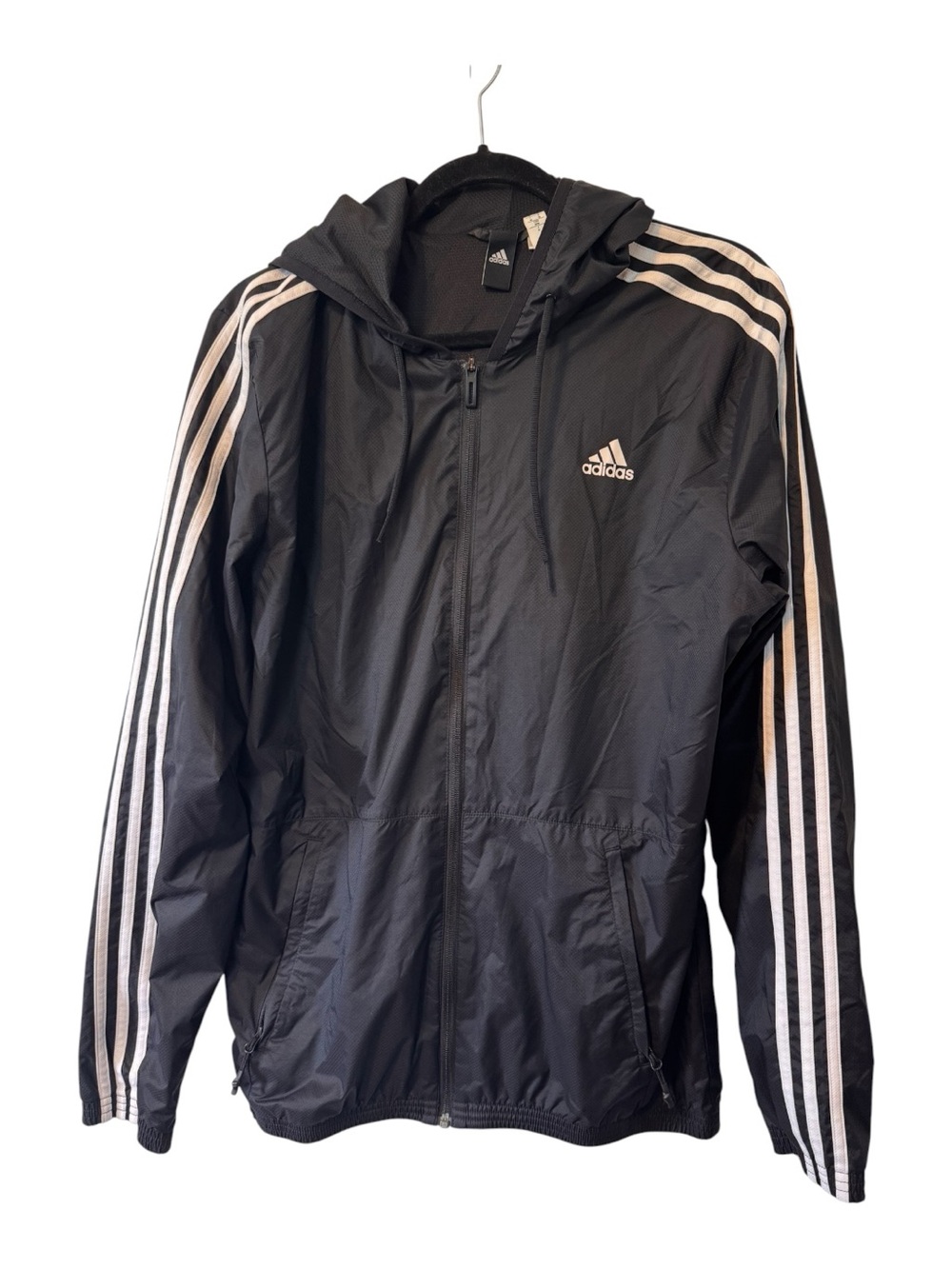 adidas Black Hooded  Soccer Windbreaker White Three-Stripe Accents Sz Medium